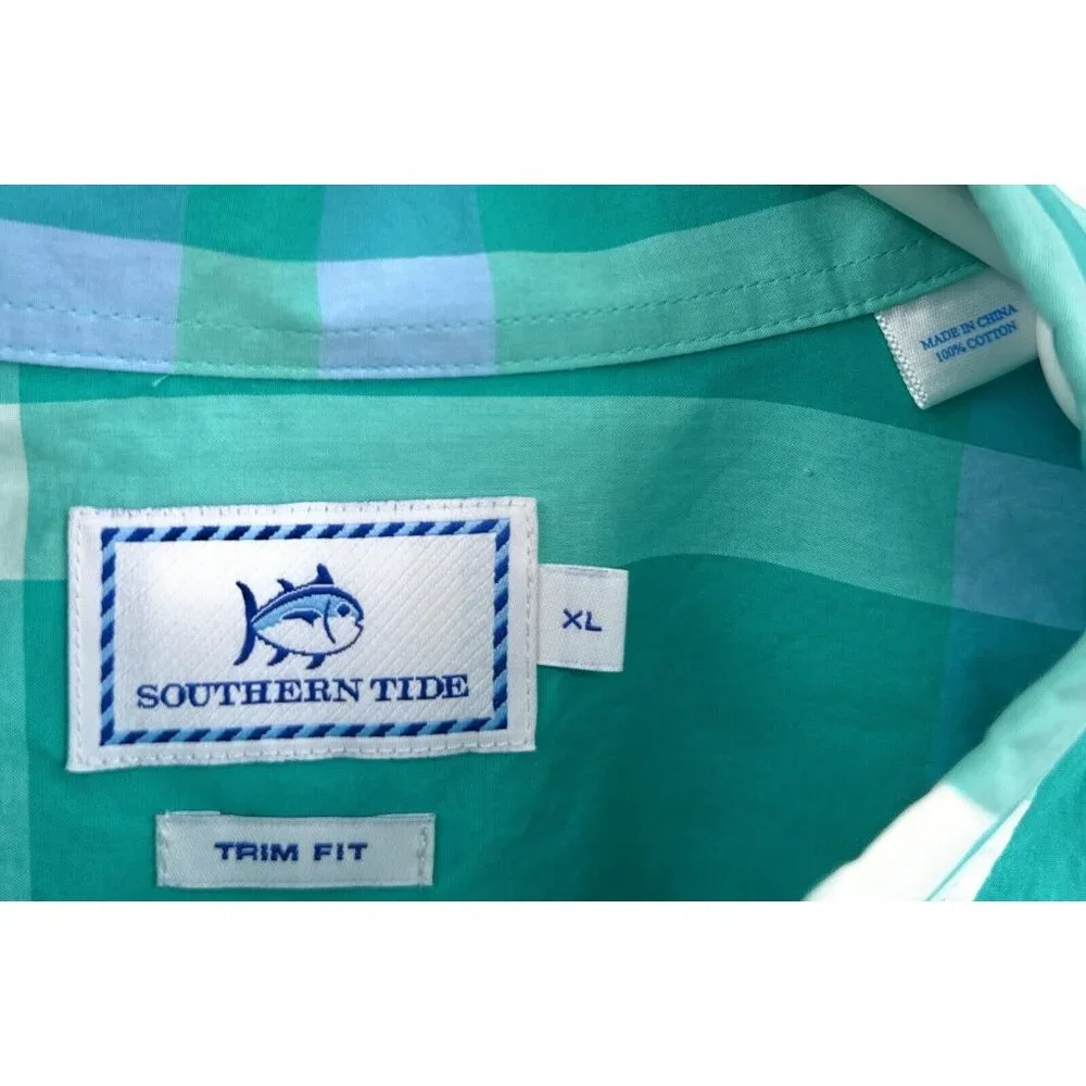 Southern Tide Shirt Mens XL Performance Green Plaid Button Up Trim Fit - Picture 2 of 4